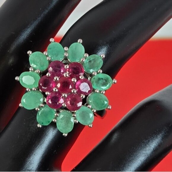 925 Sterling Silver Ring SZ 9 with Natural Ruby & Emerald Gemstone - Picture 10 of 15